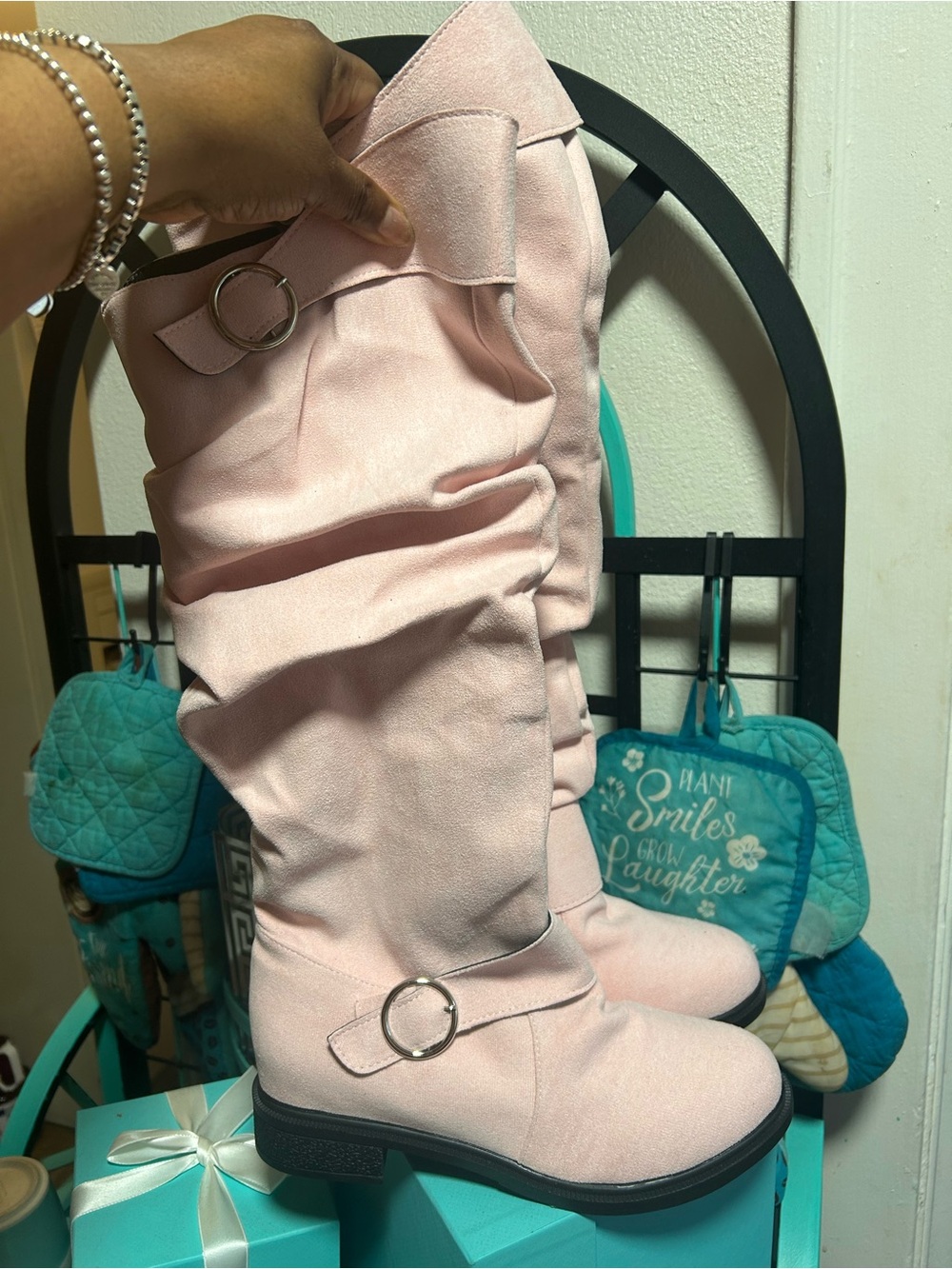 Women's Over-the-Knee Buckle Boots in Light Pink( NEED GONE)